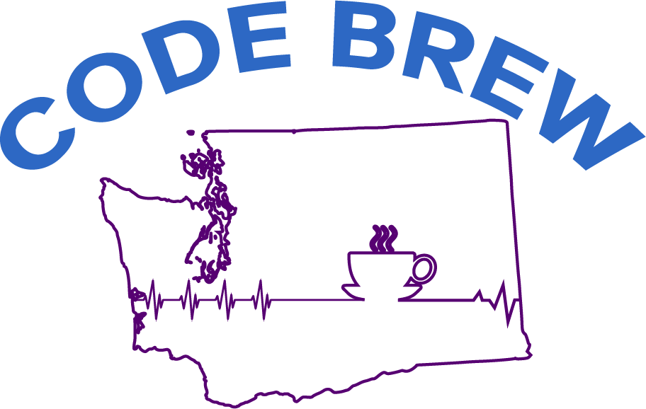 Code Brew logo. Washington State outline; heart rhythm with coffee mug.
