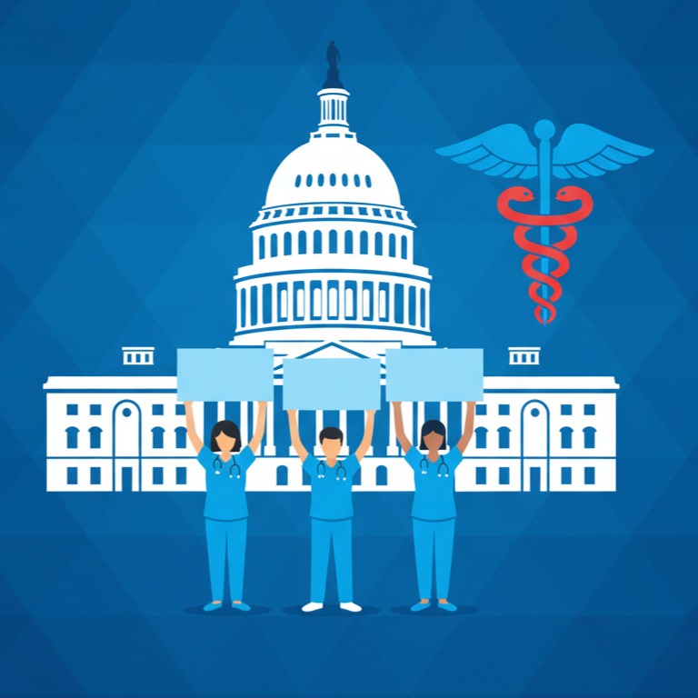 Vector illustration of healthcare professionals advocating at the U.S. Capitol.