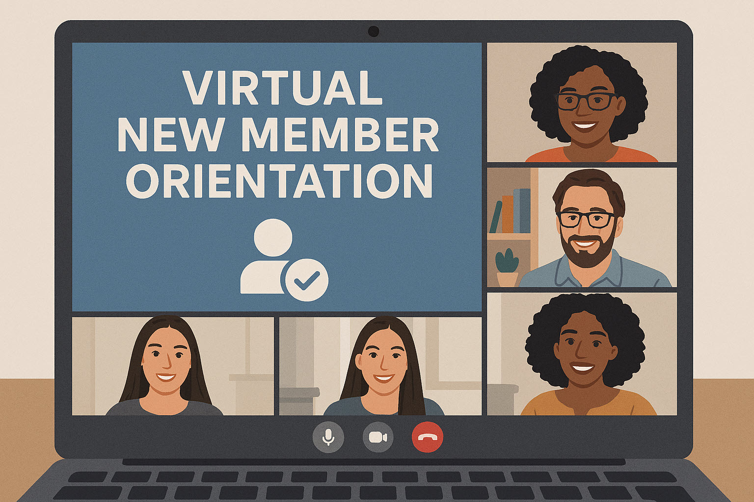 Virtual orientation with people on a video call and onboarding materials on screen.
